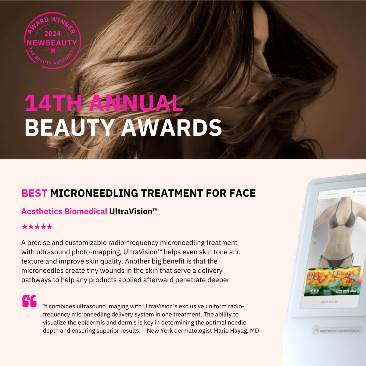 NewBeauty 2024 Award graphic naming UltraVision the Best Microneedling Treatment for Face