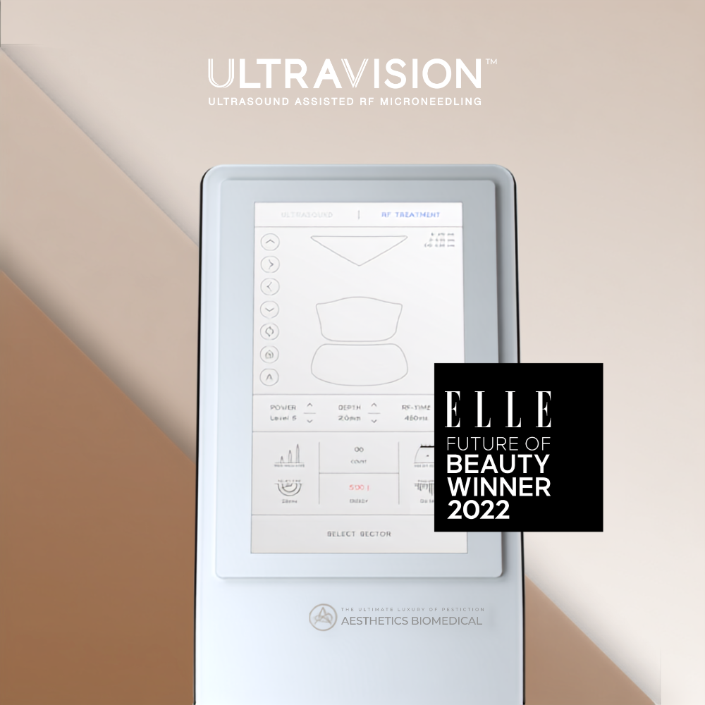 A white Ultravision Aesthetics Biomedical RF microneedling device with a digital treatment screen, shown against a beige background with a black Elle Future of Beauty Winner 2022 badge.