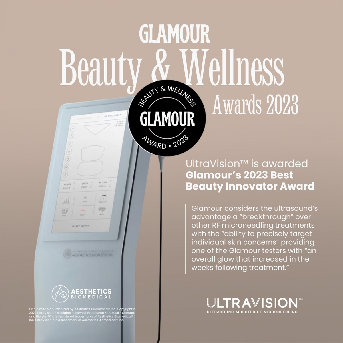 Promotional graphic for the UltraVision Beauty & Wellness Awards 2023, featuring a light blue ultrasound device and a black circular Glamour badge. Text on a beige background highlights the device as the 2023 Best Beauty Innovator Award by Glamour, with UltraVision branding at the bottom.